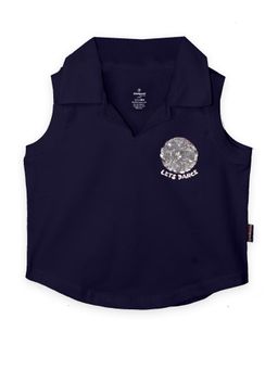 KiddoPanti - Girls Cotton Cropped Applique Print Polo - Navy Blue