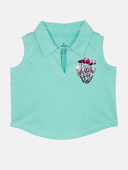 KiddoPanti - Girls Cotton Cropped Applique Print Polo T-shirt - Aqua
