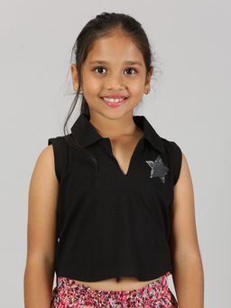 KiddoPanti - Girls Cotton Cropped Applique Embellished Polo T-shirt - Black
