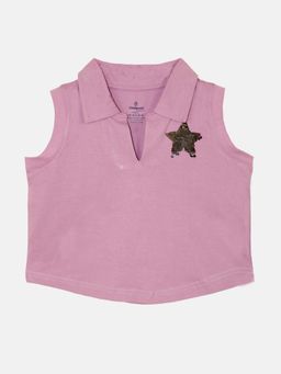 KiddoPanti - Girls Cotton Cropped Applique Embellished Polo T-shirt - Purple
