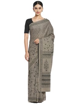 Fabindia - Cotton Printed Sari (Charcoal)