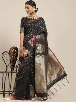 Sareemall - Women's Banarasi Black Woven Design Woven Saree with Unstitched Blouse