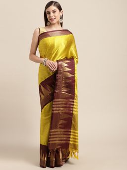 Vastranand - Yellow & Maroon Woven Design Zari Silk Blend Banarasi Saree with Unstitched Blouse