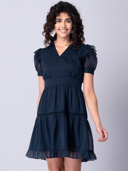 FabAlley - Navy Frill Sleeve Trim Wrap Dress