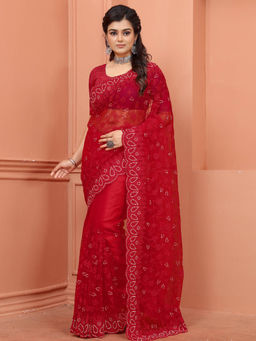 Odette - Red Embroidered Net Saree with Unstitched Blouse (Set of 2)