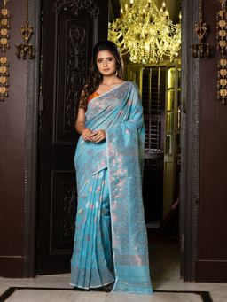 CHARUKRITI - Sky Blue Silk Cotton Handwoven Jamdani Saree