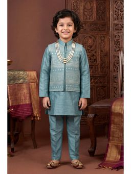 BT DEZINES - Blue Satin Embroidered Kurta, Pyjama with Nehru Jacket & Necklace