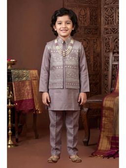 BT DEZINES - Mauve Satin Embroidered Kurta, Pyjama with Nehru Jacket & Necklace
