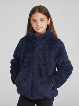 Alan Jones - Girl's Fluffy Yarn Fleece Solid Full-Zip Jacket - Navy Blue
