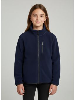 Alan Jones - Girl's Fleece High Collar Piping Detail Full-Zip Jacket - Navy Blue