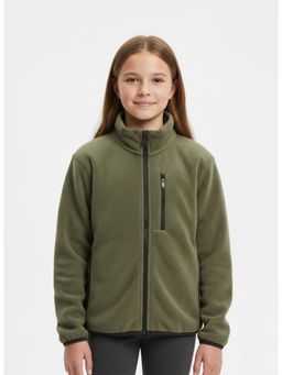 Alan Jones - Girl's Fleece High Collar Piping Detail Full-Zip Jacket - Olive
