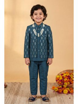 BT DEZINES - Deep Teal Geometric Embroidered Sherwani, Trouser with Jacket And Necklace