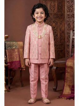 BT DEZINES - Blush Pink Geometric Embroidered Sherwani, Trouser with Jacket And Necklace