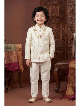 BT DEZINES - Off White Geometric Embroidered Sherwani, Trouser with Jacket And Necklace
