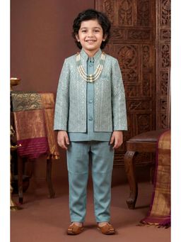BT DEZINES - Dusty Blue Satin Sequined Sherwani, Trouser with Jacket And Necklace