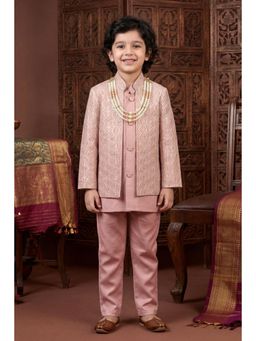BT DEZINES - Rose Pink Satin Chevron Sequined Sherwani, Trouser with Jacket And Necklace