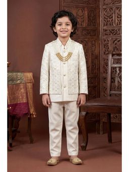 BT DEZINES - Off White Satin Chevron Sequined Sherwani, Trouser with Jacket And Necklace