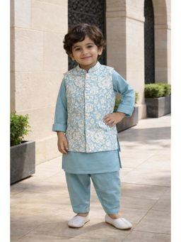 devils n angels - Pastel Blue Kurta & Pyjama With Printed Nehru Jacket