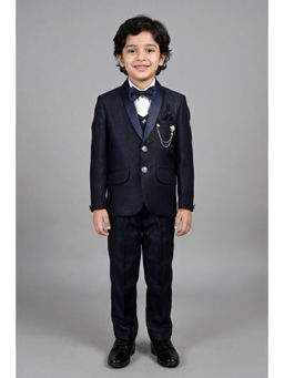 BT DEZINES - Navy Blue Solid Blazer, Waistcoat, Shirt with Trouser & Bow