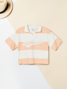 max - Peach Girls Striped Johnny Collar Boxy Polo T-shirt