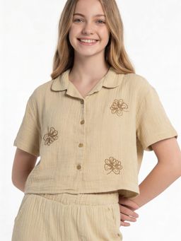 max - Beige Girls Embroidered Resort Collar Shirt