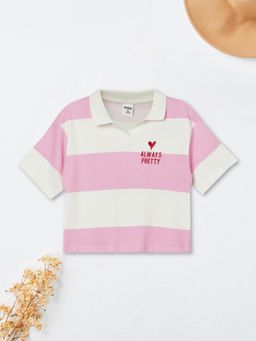 max - Pink Girls Striped Johnny Collar Polo T-shirt
