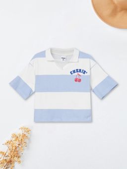 max - Blue Girls Striped Johnny Collar Polo T-shirt