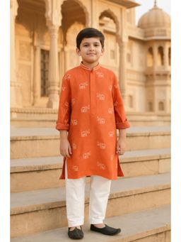 devils n angels - Orange Elephant Embroidered Kurta & Pyjama For Boys