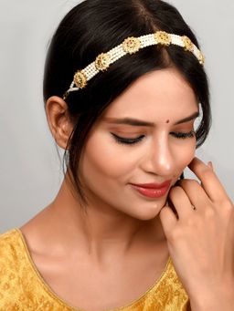 Silvermerc Designs - Gold Plated Pearl Beaded and Green Stone Studded Matha Patti