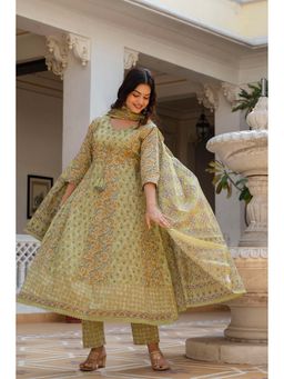 EthniFlair - Floral Printed Panelled Pure Cotton Anarkali Kurta with Pant and Dupatta