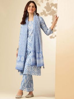 EthniFlair - Floral Cotton Kurta with Salwar and Dupatta - Blue
