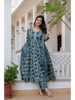 EthniFlair - Floral Printed Panelled Pure Cotton Anarkali Kurta with Pant and Dupatta