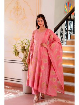 EthniFlair - Floral Panelled Cotton Anarkali Kurta with Pant and Dupatta - Pink
