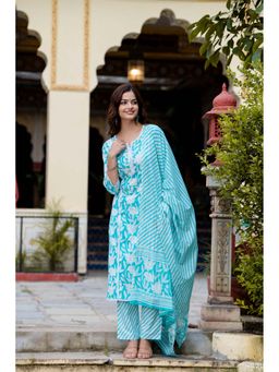 EthniFlair - Floral Cotton Kurta with Pant and Dupatta - Turquoise