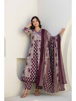 EthniFlair - Floral Embroidered Anarkali Cotton Kurta with Pant and Dupatta