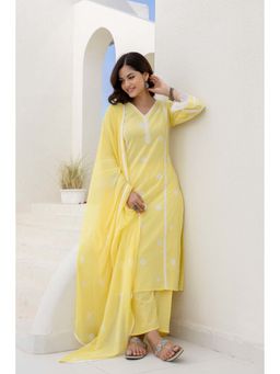 EthniFlair - Bandhani Printed Cotton Straight Kurta With Pant and Dupatta - Yellow