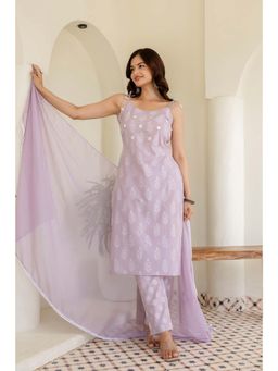 EthniFlair - Ethnic Motifs Cotton Kurta with Pant and Dupatta - Lavender