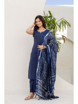 EthniFlair - Solid Cotton Kurta with Pant and Khadi Silk Dupatta - Blue