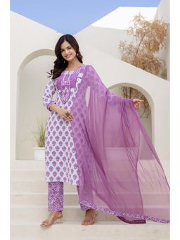 EthniFlair - Floral Embroidered Cotton Kurta with Pant and Dupatta - Purple
