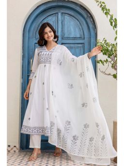 EthniFlair - Floral Embroidered Cotton Kurta with Pant and Dupatta