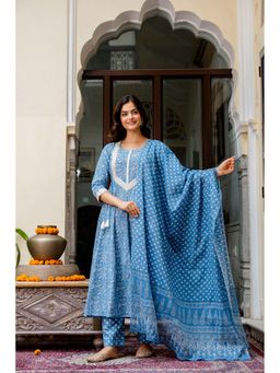 EthniFlair - Floral Embroidered Cotton Anarkali Kurta and Pant With Dupatta - Blue
