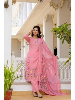 EthniFlair - Floral and Brush paint Cotton Kurta with Pant and Dupatta - Pink