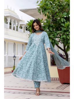 EthniFlair - Floral Cotton Anarkali Kurta with Pant and Dupatta - Green