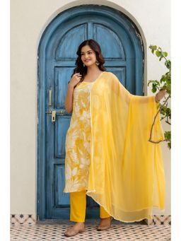 EthniFlair - Floral Sleeveless Cotton Straight Kurta With Pant and Dupatta - Yellow