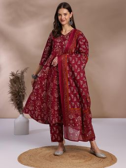 EthniFlair - Floral Angrakha Cotton Kurta with Pant and Dupatta - Maroon