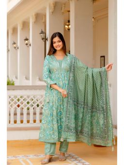 EthniFlair - Pintucks Empire Mirror Work Cotton Kurta with Pant and Dupatta