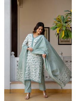 EthniFlair - Floral Printed Mirror Work Kurta with Pant and Dupatta - Green