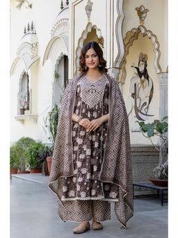EthniFlair - Floral Embroidered Thread Work Cotton Anarkali Kurta with Pant and Dupatta