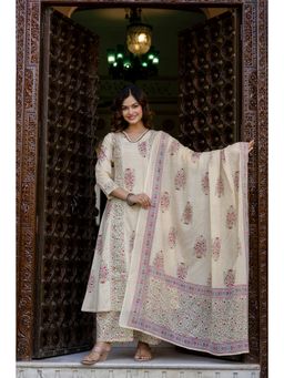 EthniFlair - Floral Panelled Cotton A-line Kurta With Pants and Dupatta - Cream