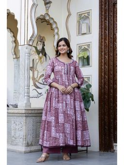 EthniFlair - Digital Print Hand Work Empire Anarkali Cotton Kurta With Pant - Purple